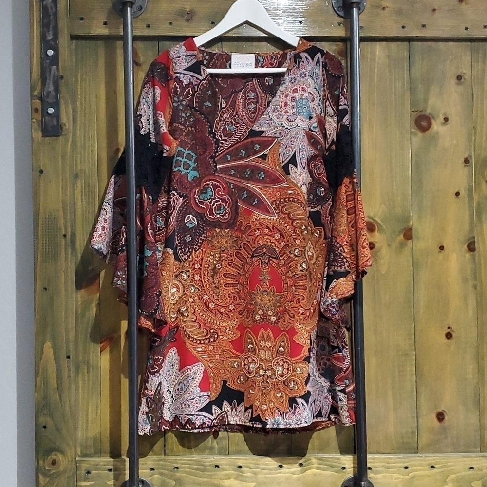 COLORFUL TUNIC DRESS SIZE SMALL KNIT EMBELLISHED SLEEVES